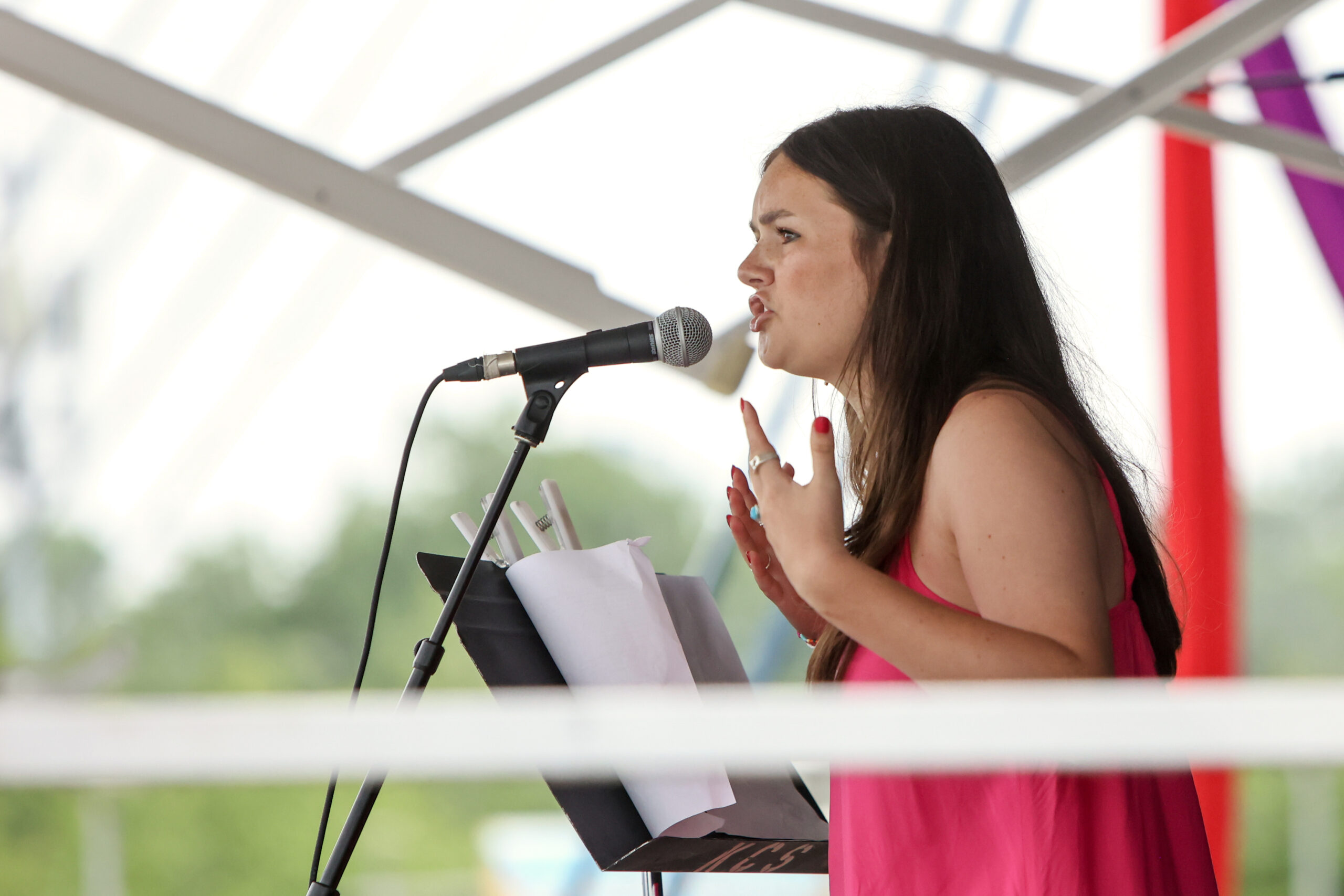 Photo by Zach Anderson-Boland. Emily Wilder performs her poem at the 2023 Future Stages Festival.