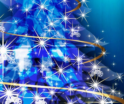 A blue Christmas tree adorned with white star-like lights and gold ribbons is set against a gradient blue background.