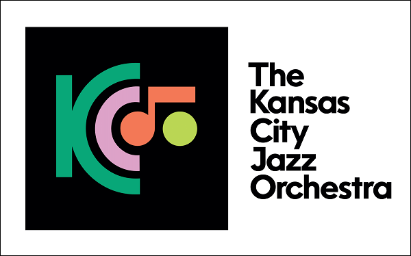 Logo of The Kansas City Jazz Orchestra featuring a stylized "KC" with musical note elements in green, pink, purple, and orange, next to the text "The Kansas City Jazz Orchestra" in black font.