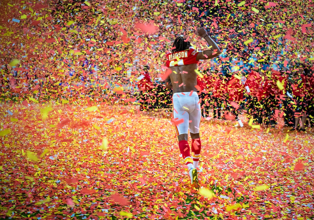 Super Bowl, Miami. Demarcus Robinson of the Kansas City Chiefs celebrates the win in confetti against the San Francisco 49ers.