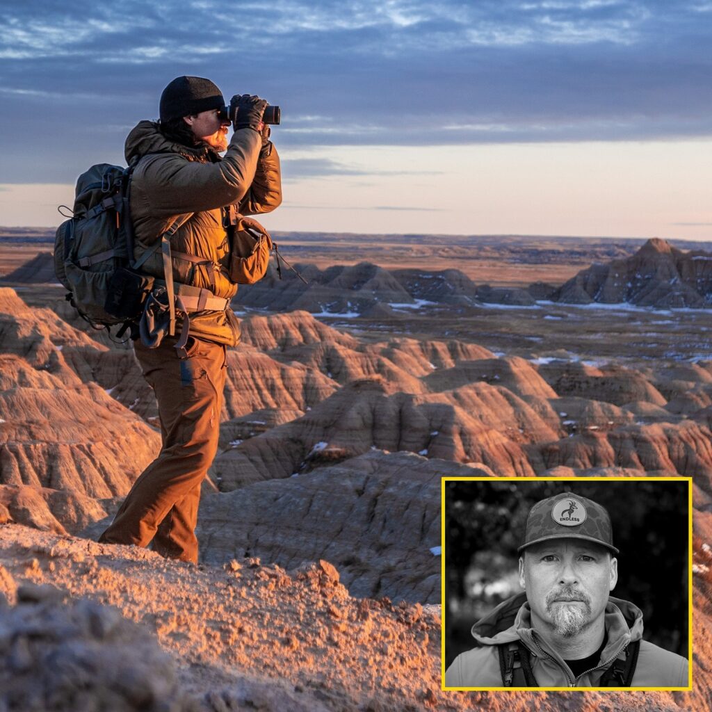 A person in outdoor gear photographs a rugged, rocky landscape at sunset; inset shows a portrait of the same person wearing a cap and jacket.