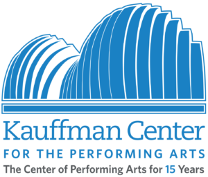 Blue stylized illustration of the Kauffman Center with text: “Kauffman Center for the Performing Arts. The Center of Performing Arts for 15 Years.”