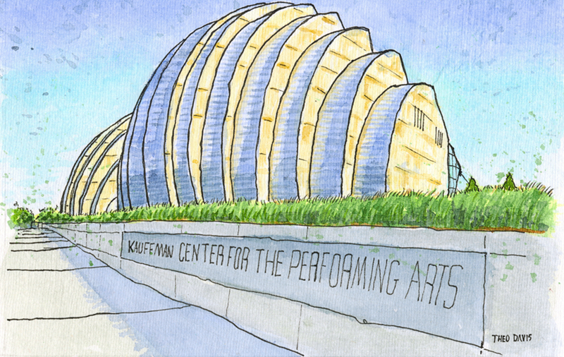 A watercolor of the Kauffman Center – Artwork by Theo Davis